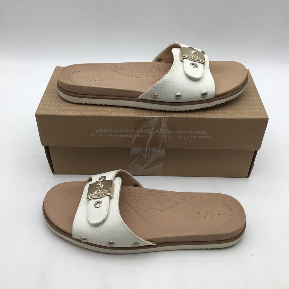 Dr Scholls So Original White Slide Sandals Buckle Studs‎ Womens Size 7 M